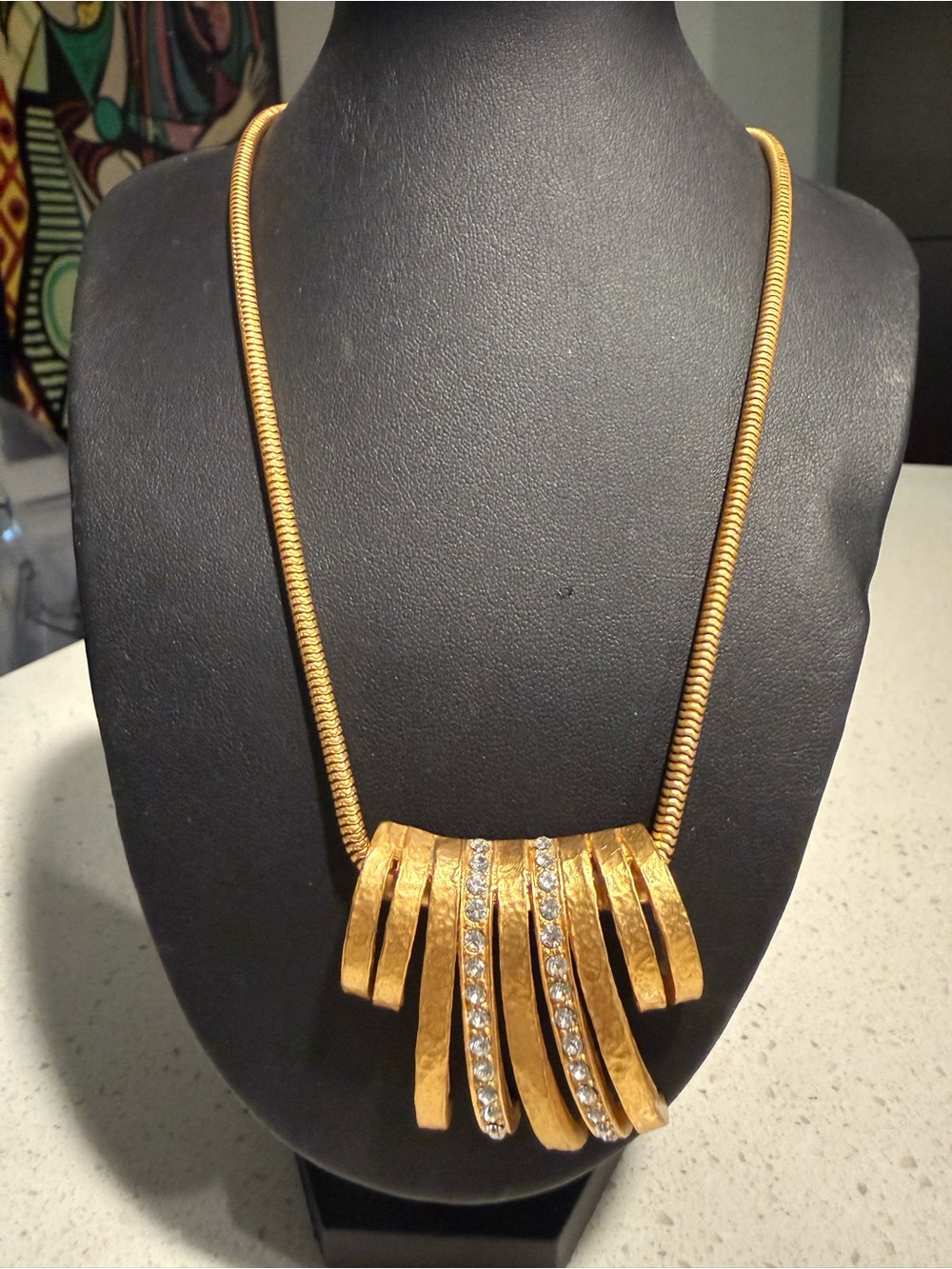 Vintage signed Yosca Gold-Tone Statement Pendant Necklace with Crystal Accents